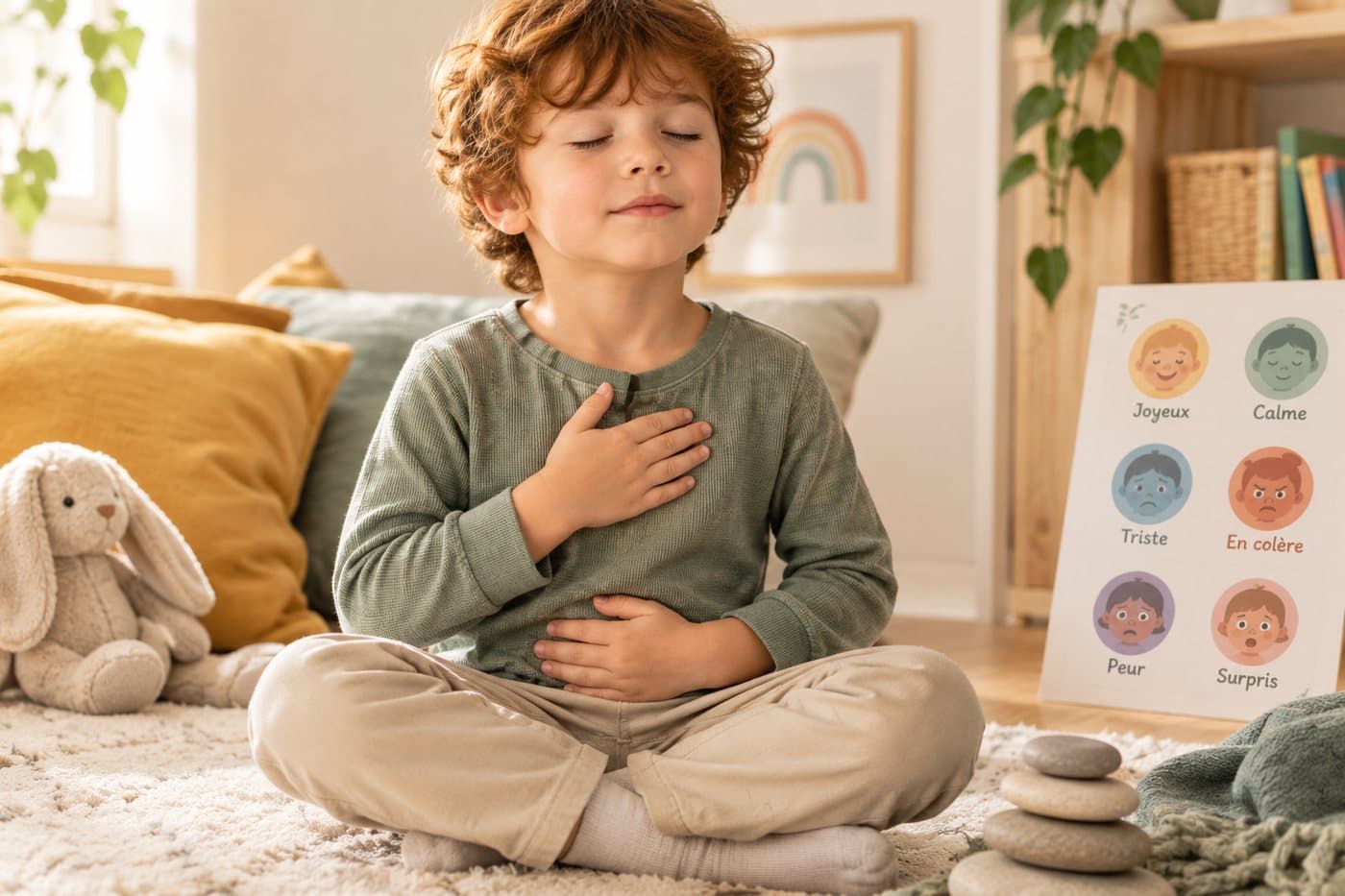 Un petit garçon assis en tailleur, les mains sur la poitrine et le ventre, respire calmement devant une affiche des émotions