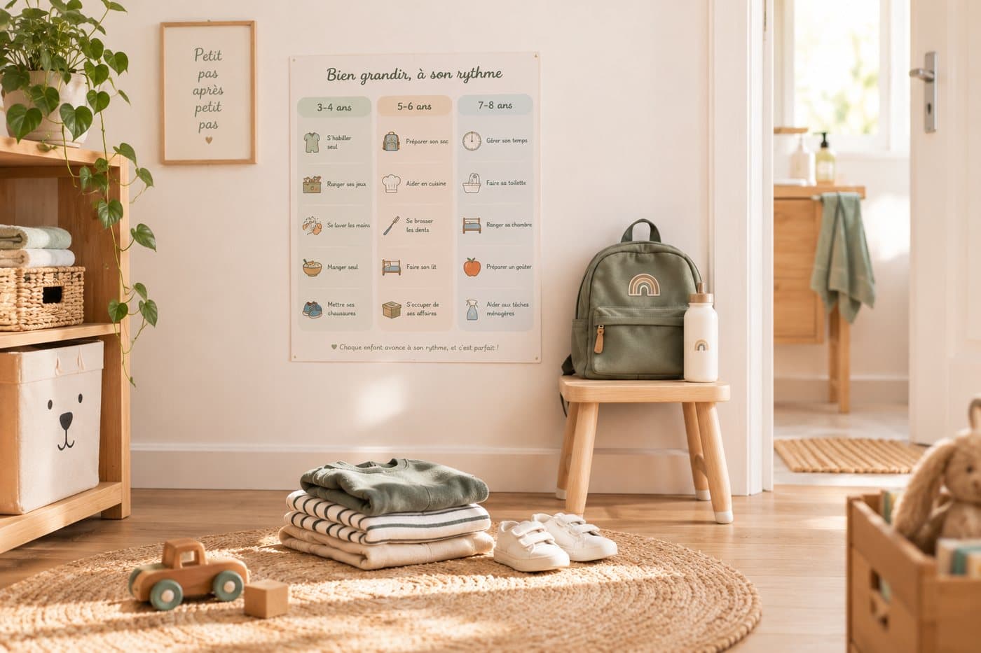 Une affiche « Bien grandir, à son rythme » accrochée dans une chambre d’enfant, au-dessus d’un tabouret avec un sac à dos et des vêtements pliés