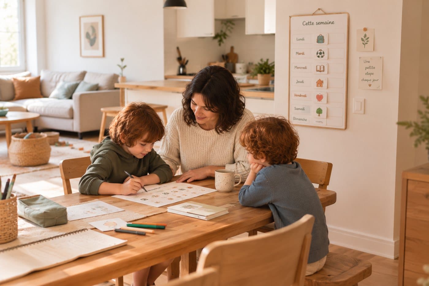 Une maman et ses deux garçons attablés dans le salon, devant le semainier « Cette semaine » affiché au mur