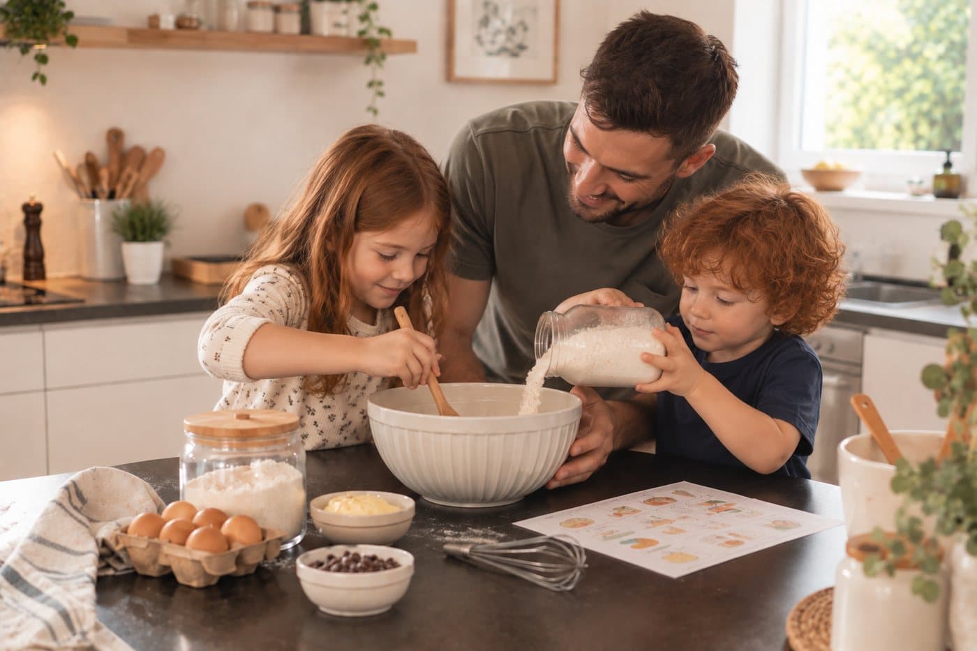 Un papa et ses deux enfants préparent une pâte à gâteau, la fiche recette illustrée posée sur le plan de travail