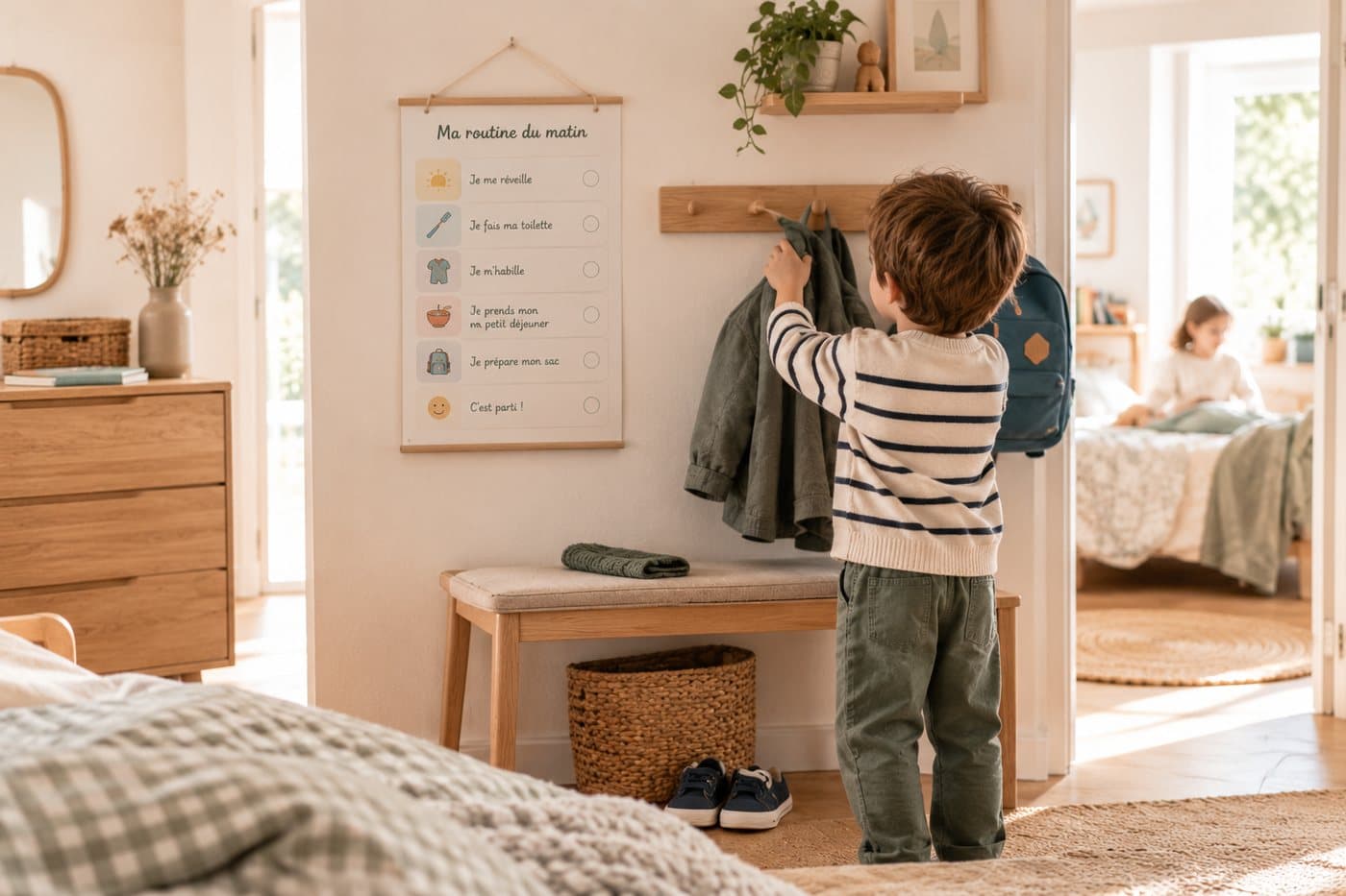 Un petit garçon décroche sa veste devant l’affiche « Ma routine du matin » accrochée au mur de sa chambre