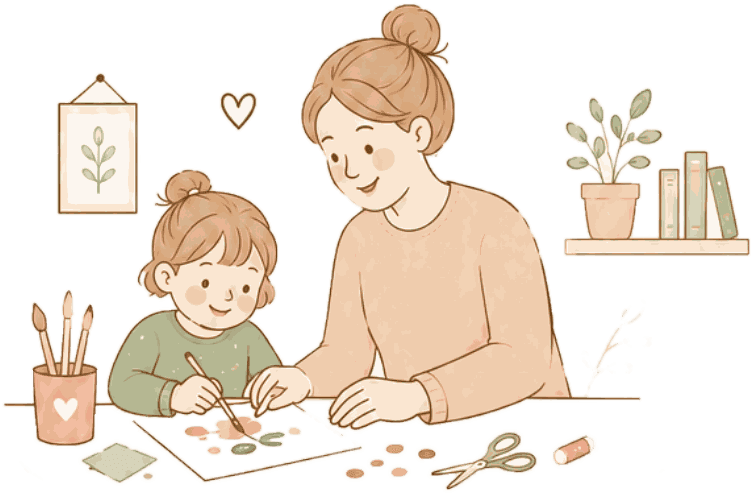Une maman et sa fille en train de peindre ensemble à la table du salon