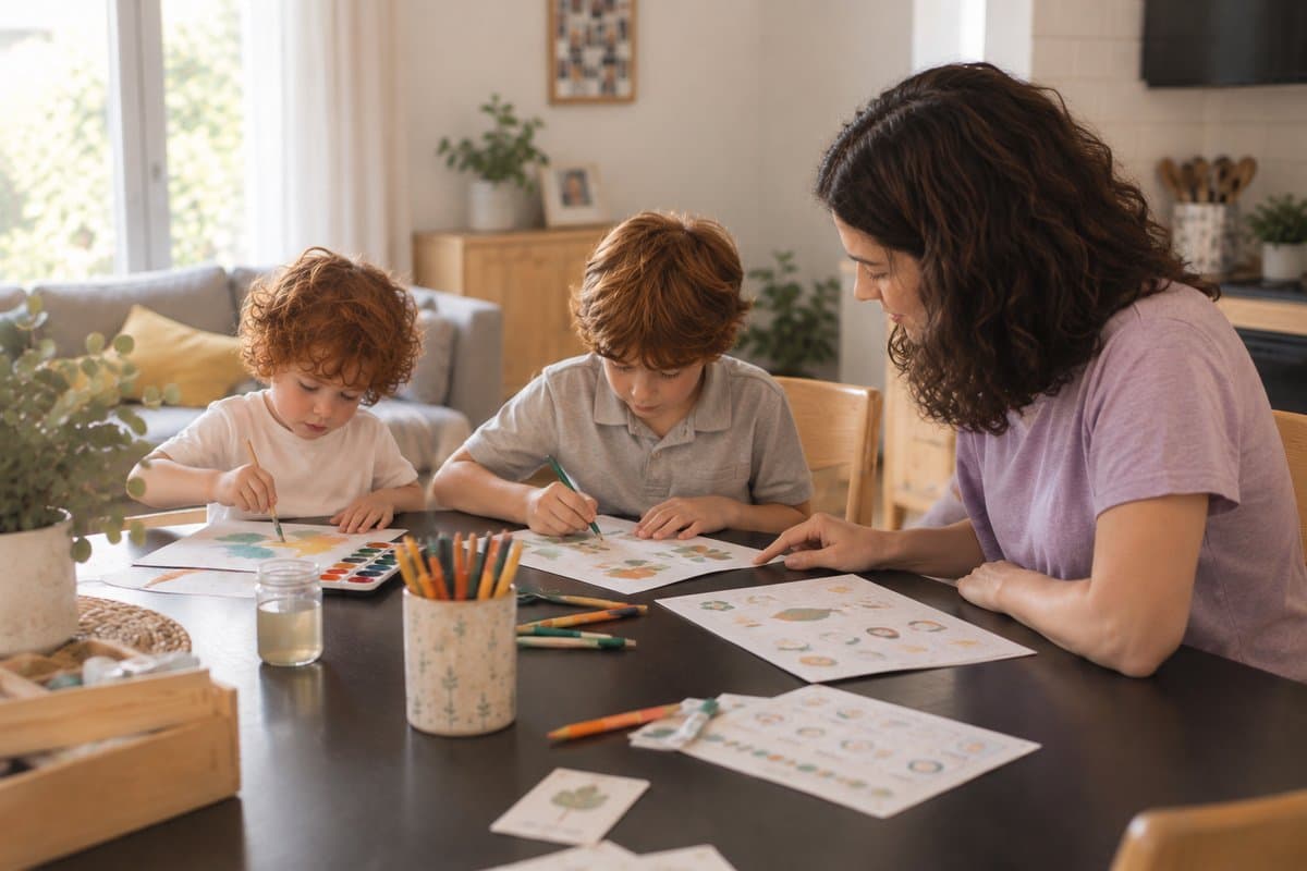 Deux enfants peignent à l’aquarelle à côté de leur maman, les fiches d’activités posées sur la table
