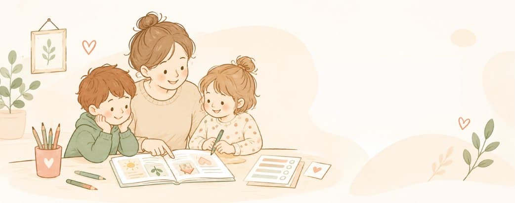 Une maman et ses deux enfants penchés sur un cahier d’activités, à la table du salon