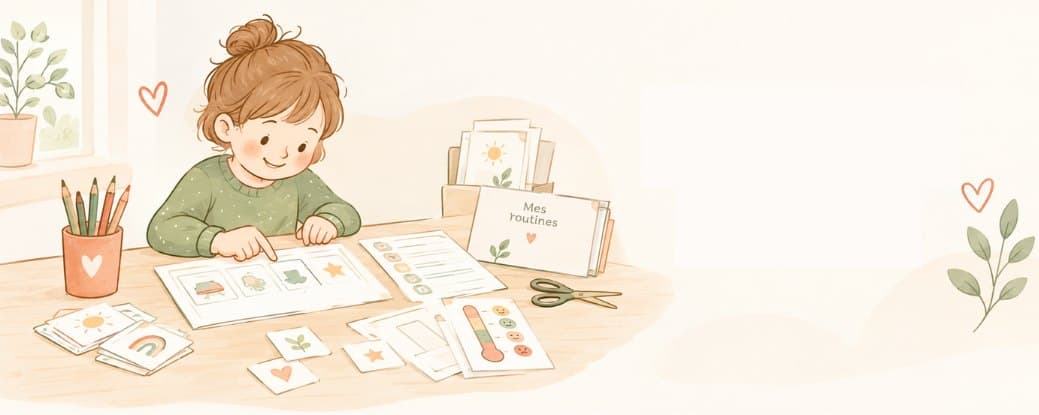 Une petite fille attablée devant ses fiches de routine imprimées, ses cartes à découper et sa pochette « Mes routines »