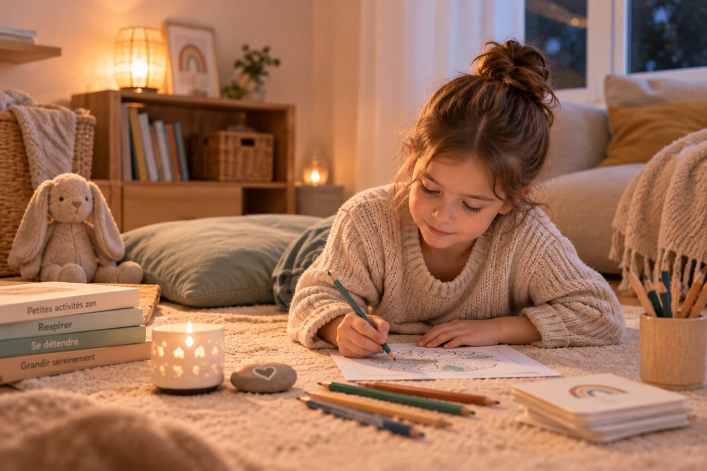 Une petite fille allongée sur le tapis du salon colorie tranquillement, entourée de ses crayons et de ses livres