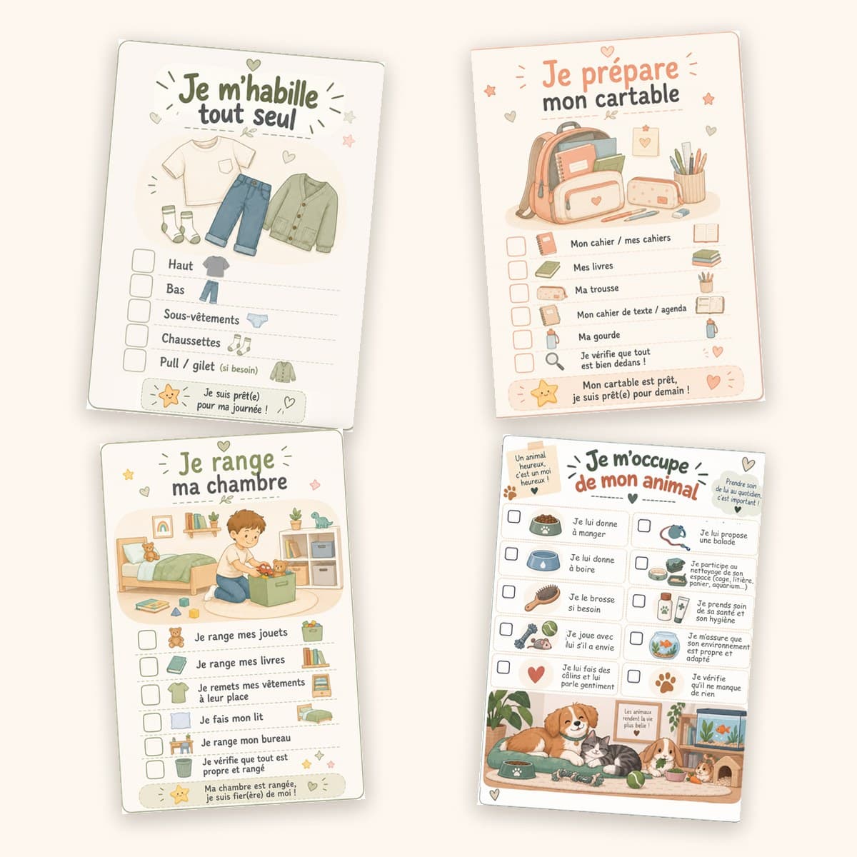 Quatre check-lists imprimées : je m’habille tout seul, je prépare mon cartable, je range ma chambre, je m’occupe de mon animal