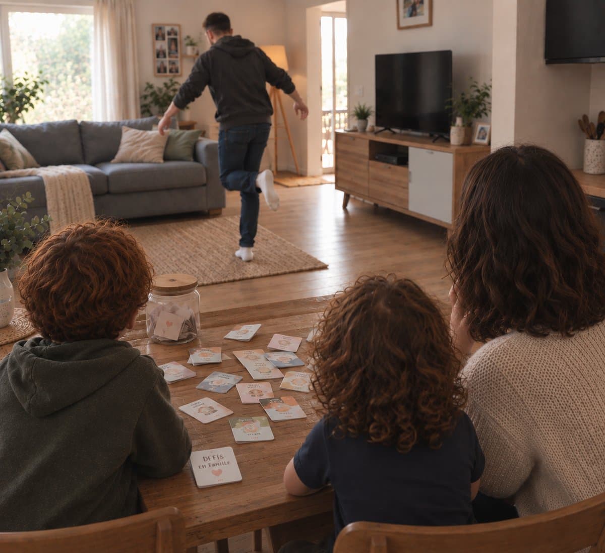 Une famille attablée pioche des cartes défis dans un bocal pendant que le papa saute à cloche-pied dans le salon