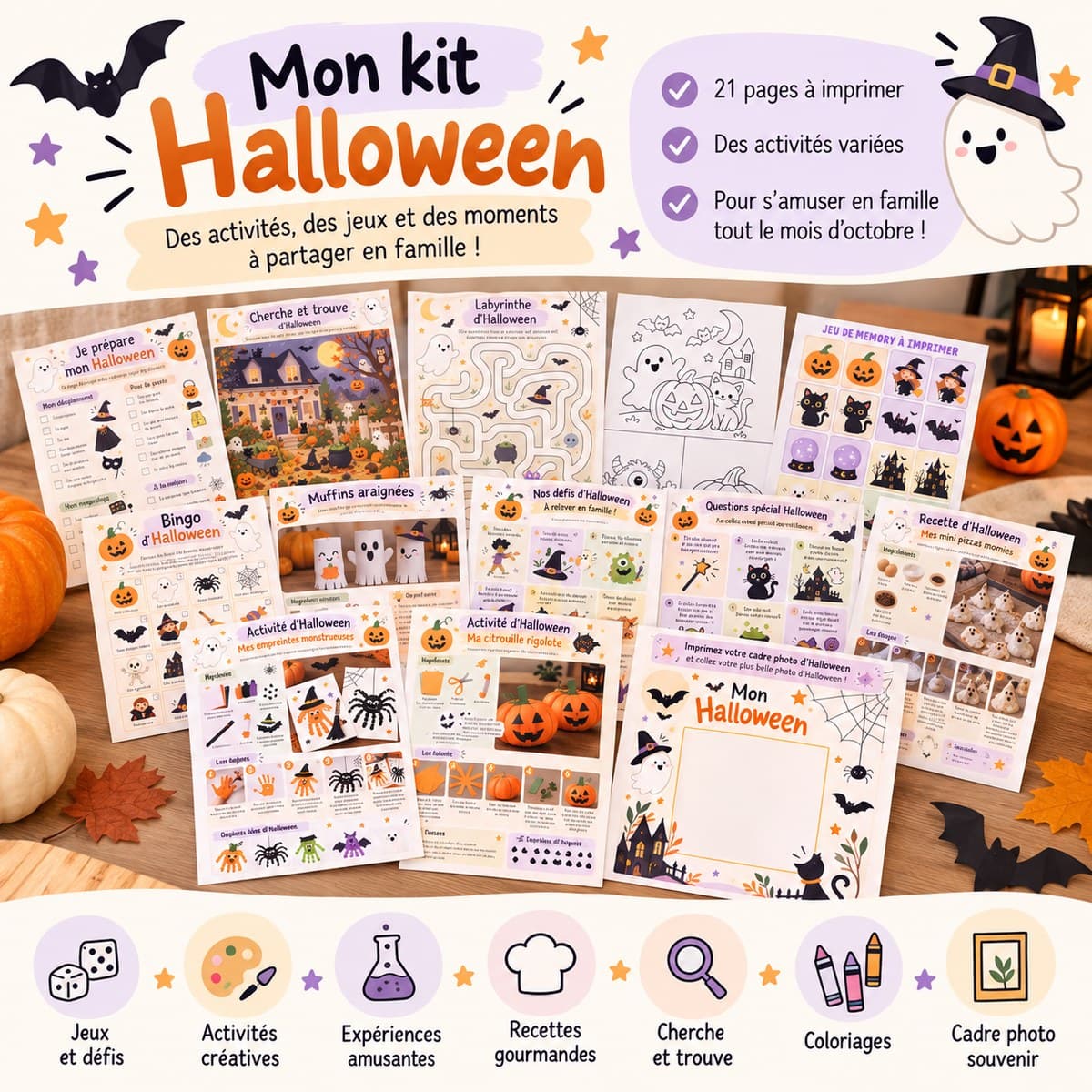 Mon kit Halloween : 20 pages à imprimer — jeux et défis, activités créatives, expériences, recettes, cherche-et-trouve, coloriages et cadre photo souvenir