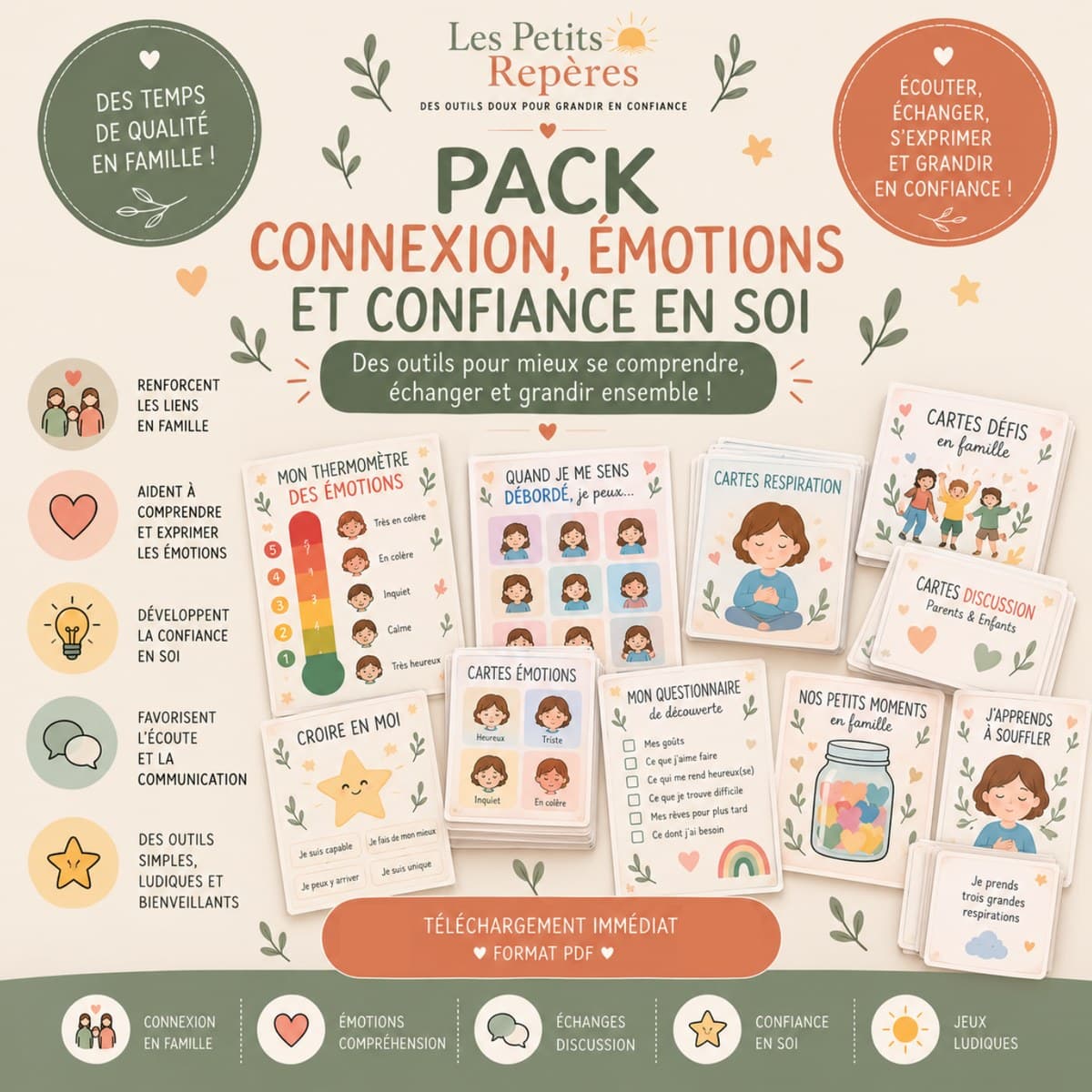 Présentation du pack connexion, émotions et confiance en soi : thermomètre des émotions, cartes respiration, cartes défis, cartes discussion, questionnaire de découverte
