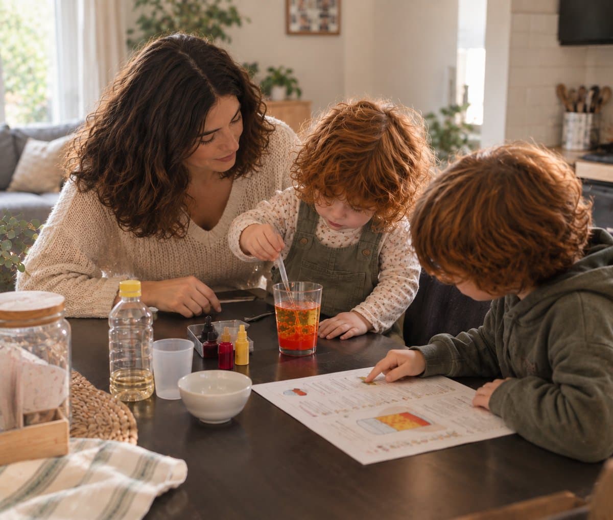 Une maman et ses deux enfants réalisent une expérience avec de l’huile et des colorants, la fiche posée sur la table