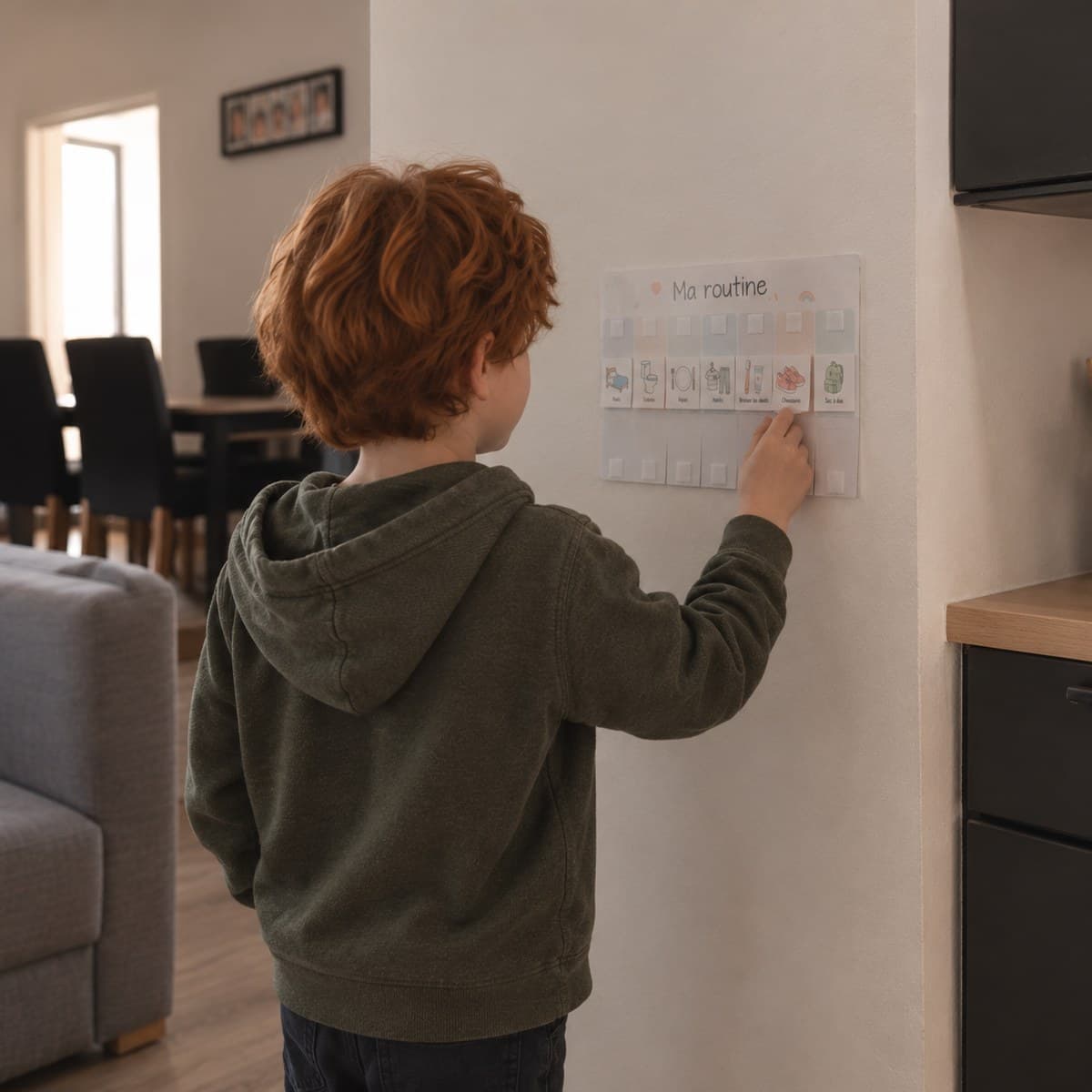 Un garçon place un pictogramme sur sa routine affichée au mur, à sa hauteur