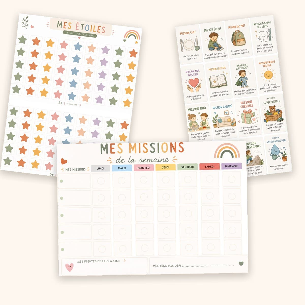 Le tableau « Mes missions de la semaine » imprimé, avec la planche d’étoiles à découper et les cartes missions